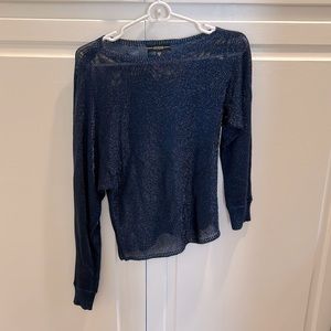 Guess navy blue asymmetrical long sleeve shimmer see through top XS